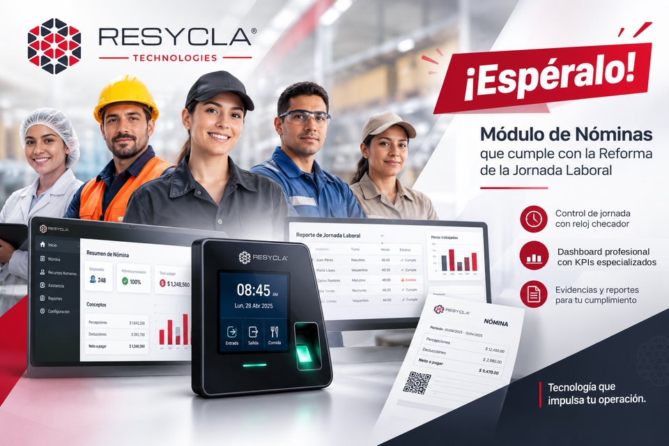 RESYCLA — Próximamente: módulo de Nóminas que cumple con la reforma de la jornada laboral, con checador biométrico, Dashboard profesional con KPIs especializados, y evidencias y reportes para el cumplimiento